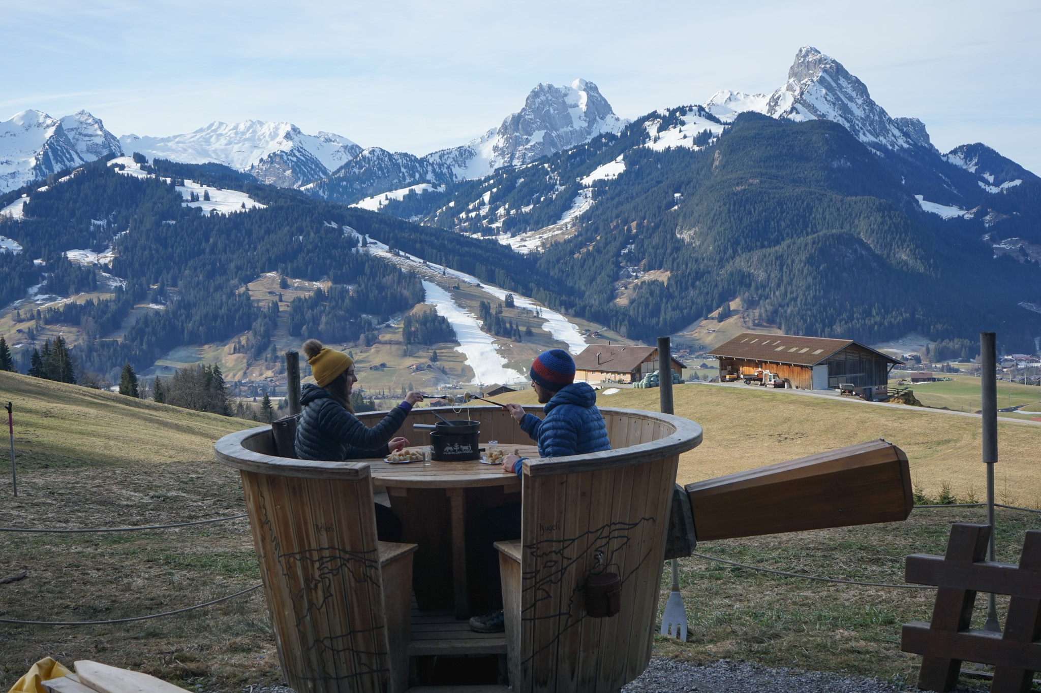 fondue hiking in switzerland in winter